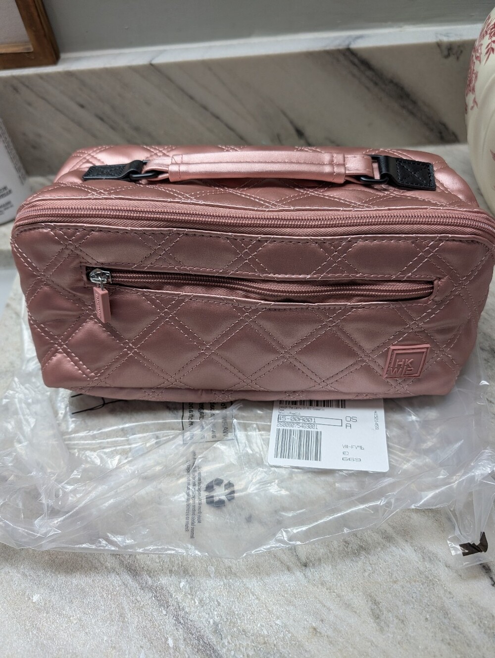 Ikhwip Quilted Rose Pink Travel Cosmetic Case with Top Handle
